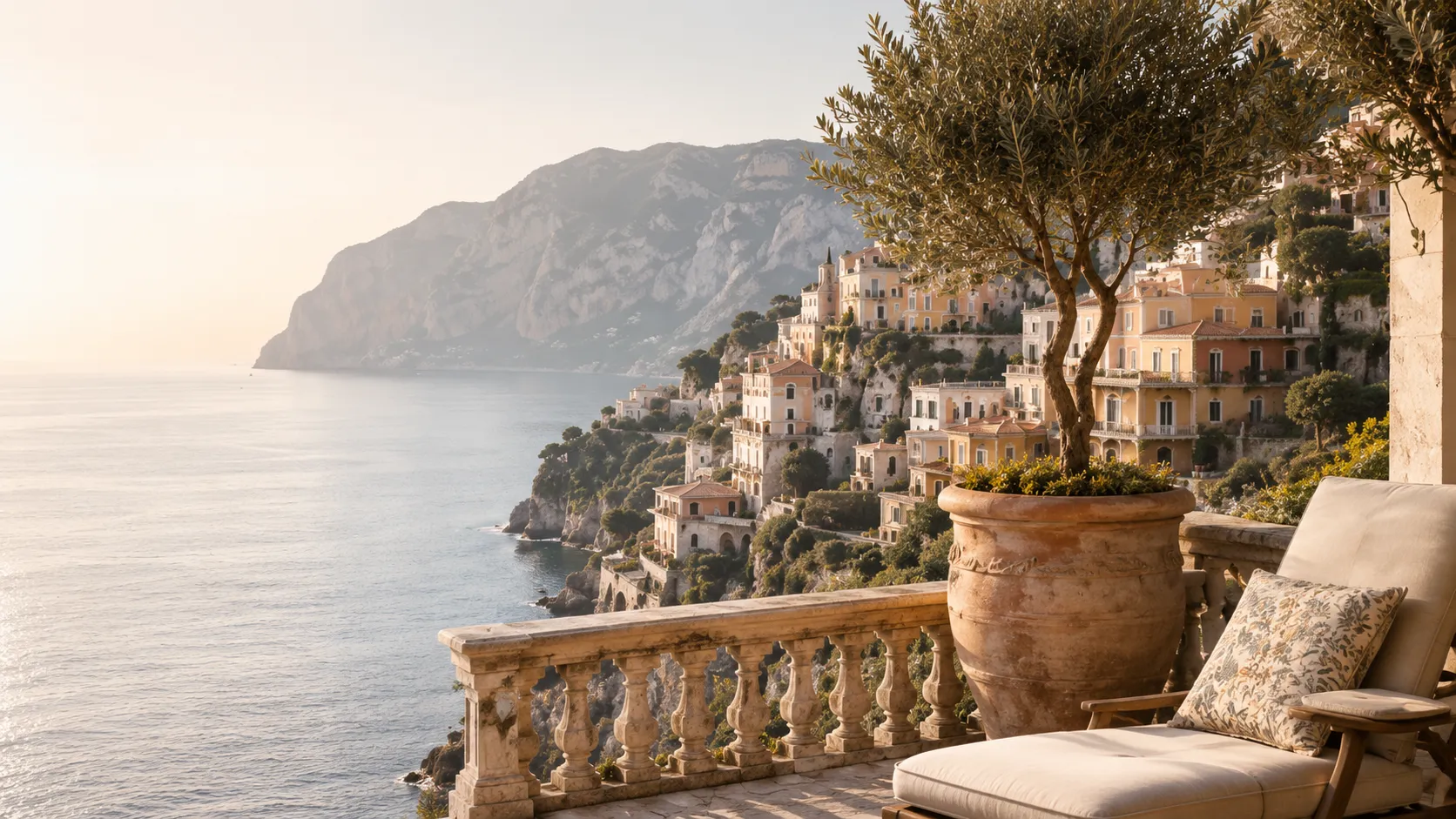 A terrace overlooking a sun-lit Mediterranean coastline
