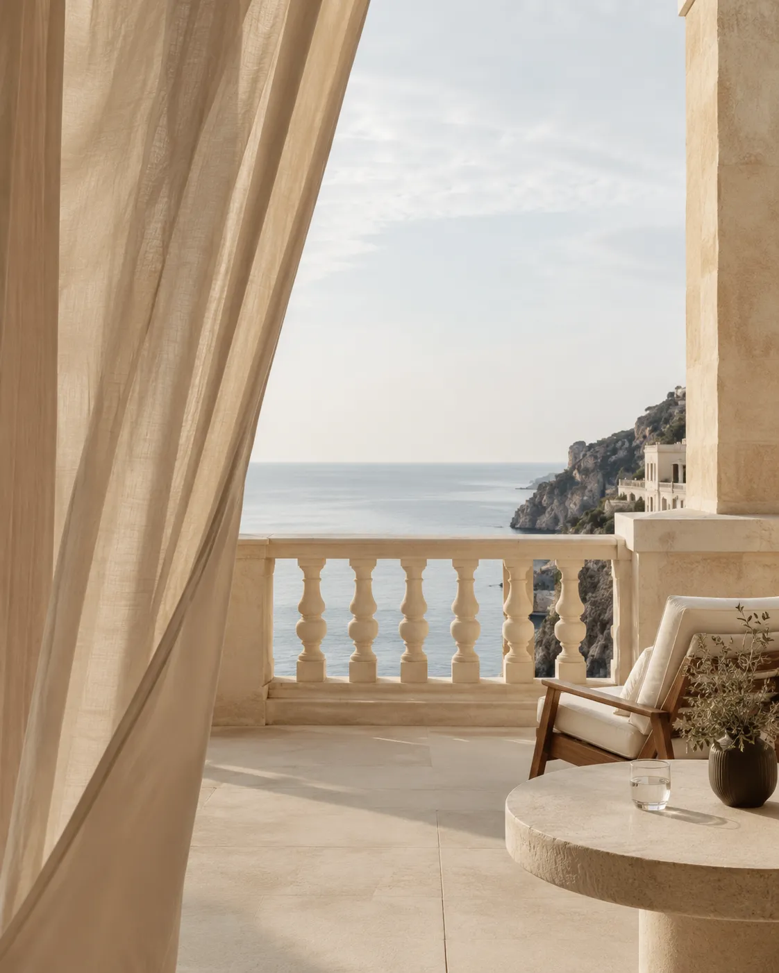 A sunlit balcony over the sea