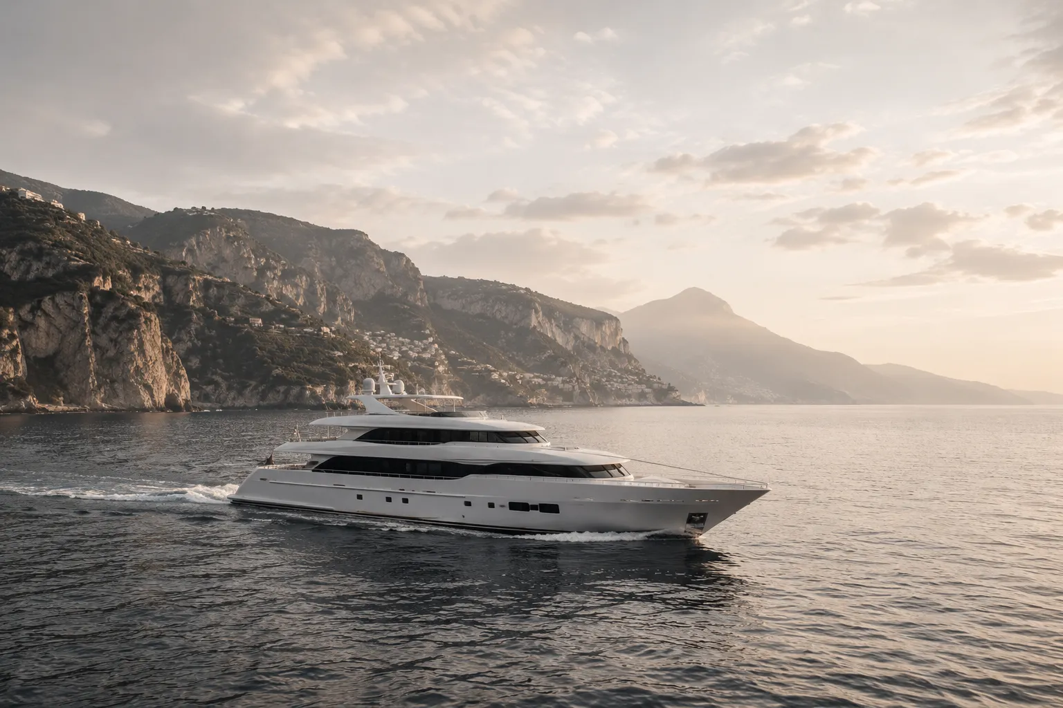 A private motor yacht anchored off a rocky coast