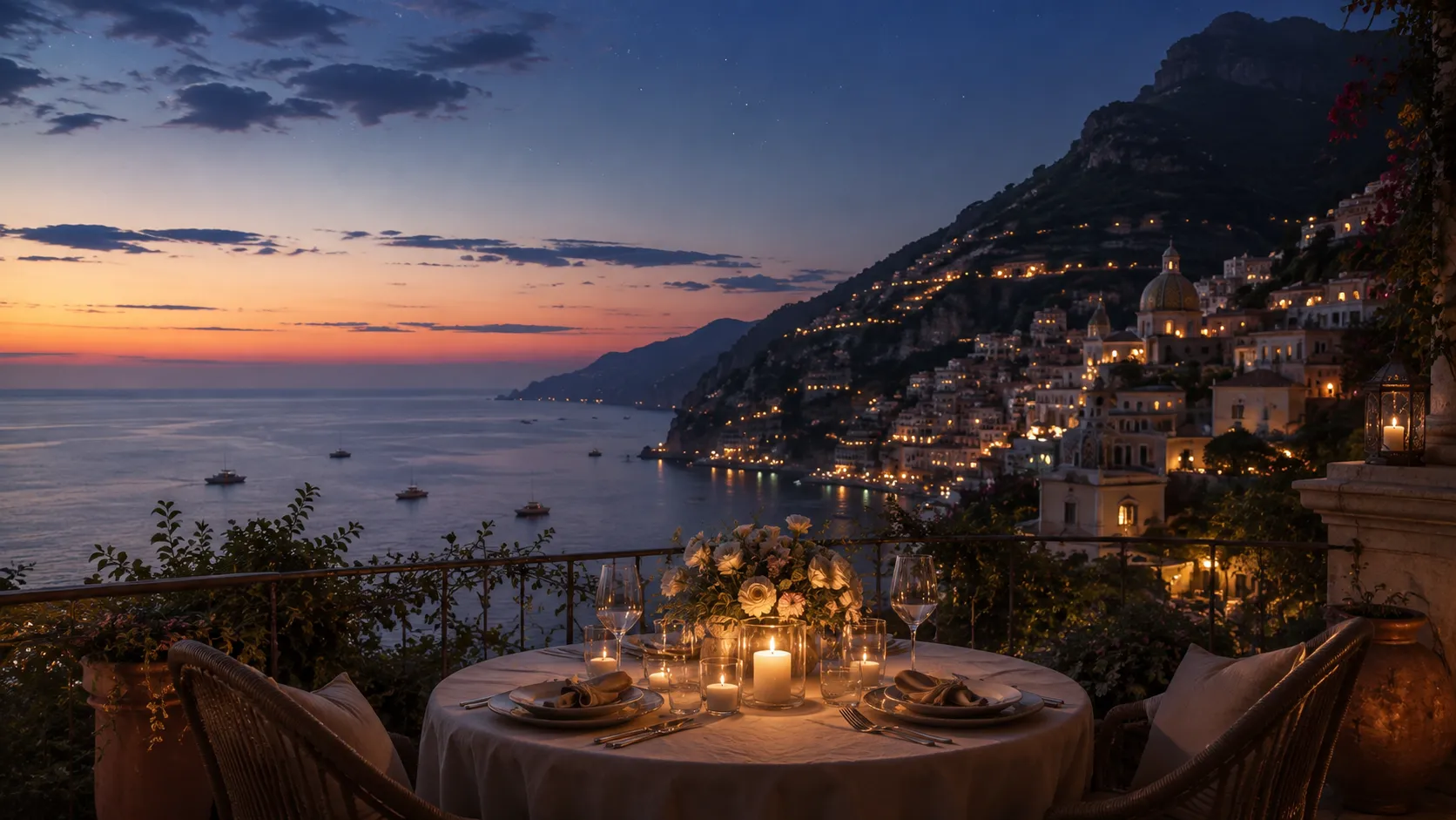 A candlelit terrace above a coastline at dusk