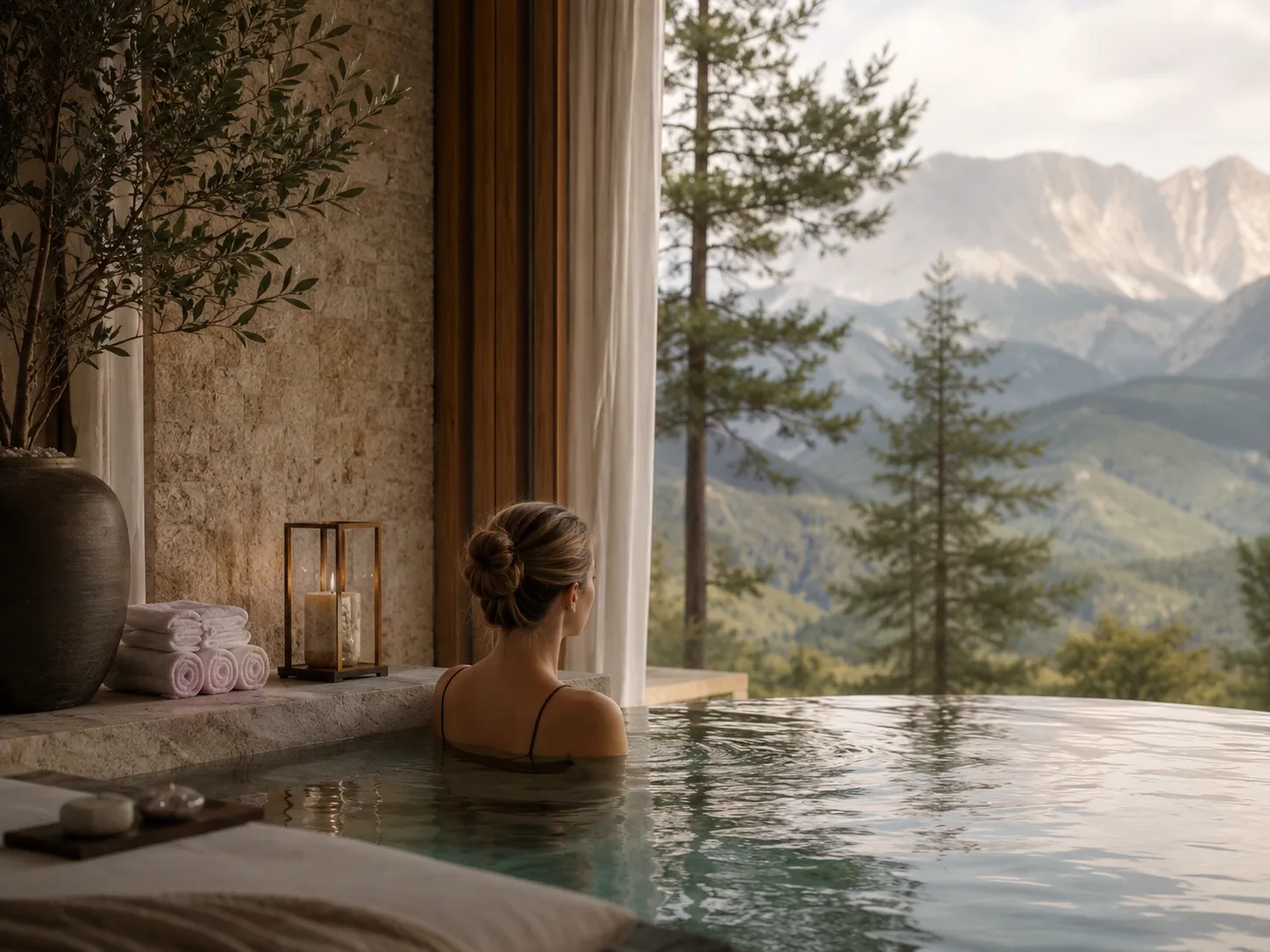 A quiet spa pool facing a mountain range