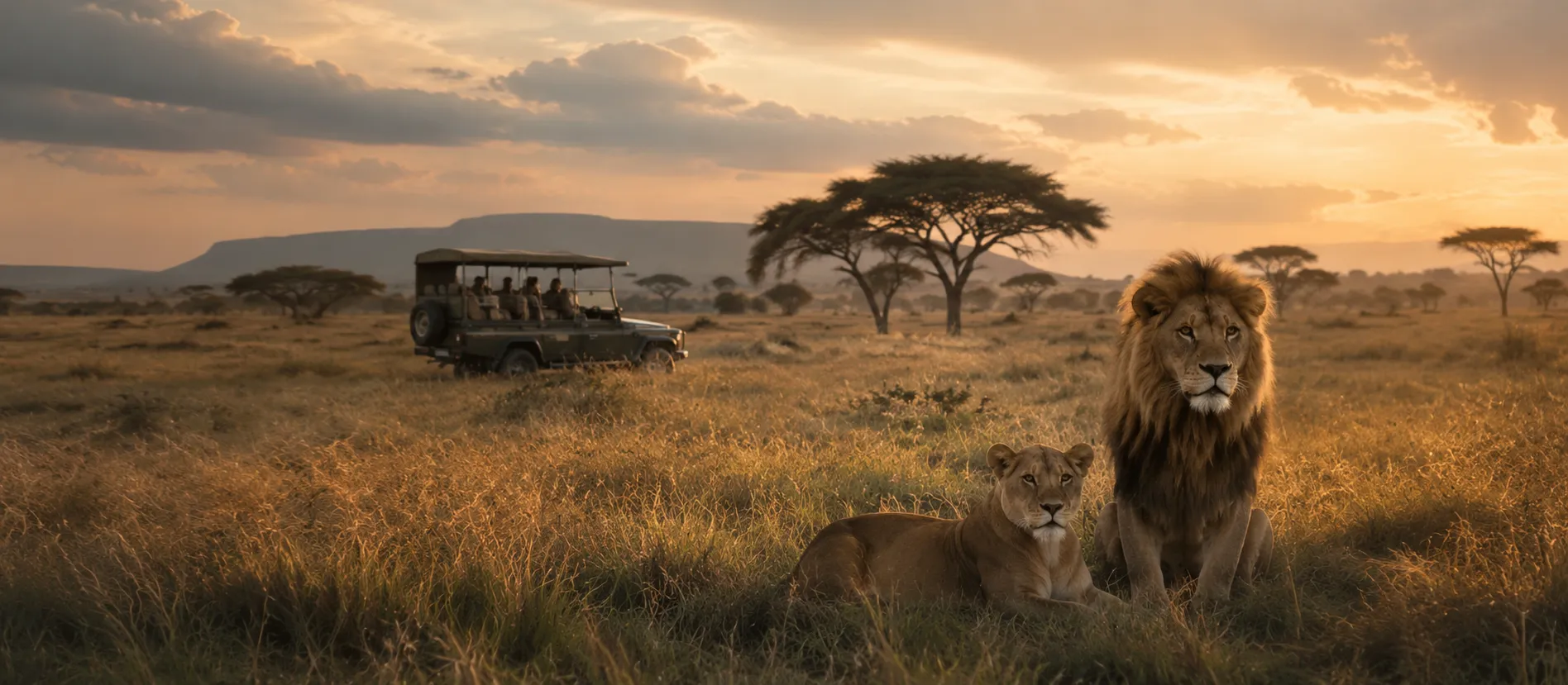 Lions on the savanna at golden hour