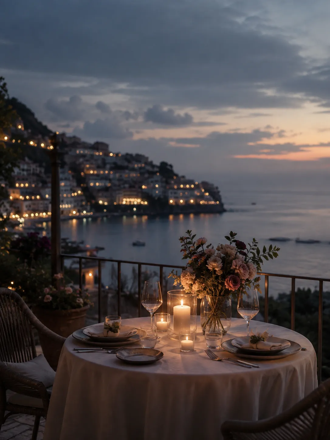 A candlelit terrace above a coastline at dusk