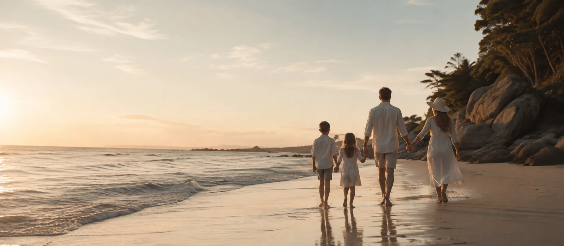 A family walking a quiet shoreline at sunset